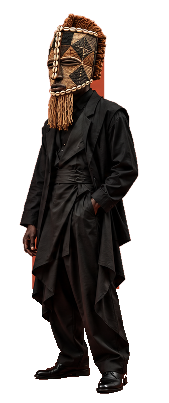 Personnage debout en costume noir et masque Kuba