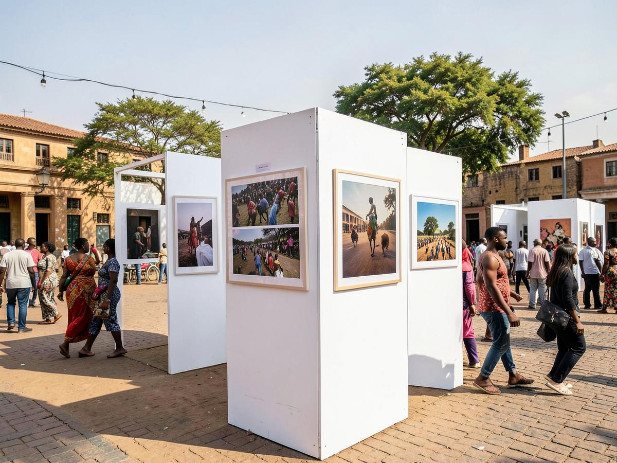 Exposition de photographies installée sur des panneaux blancs, sur une place publique